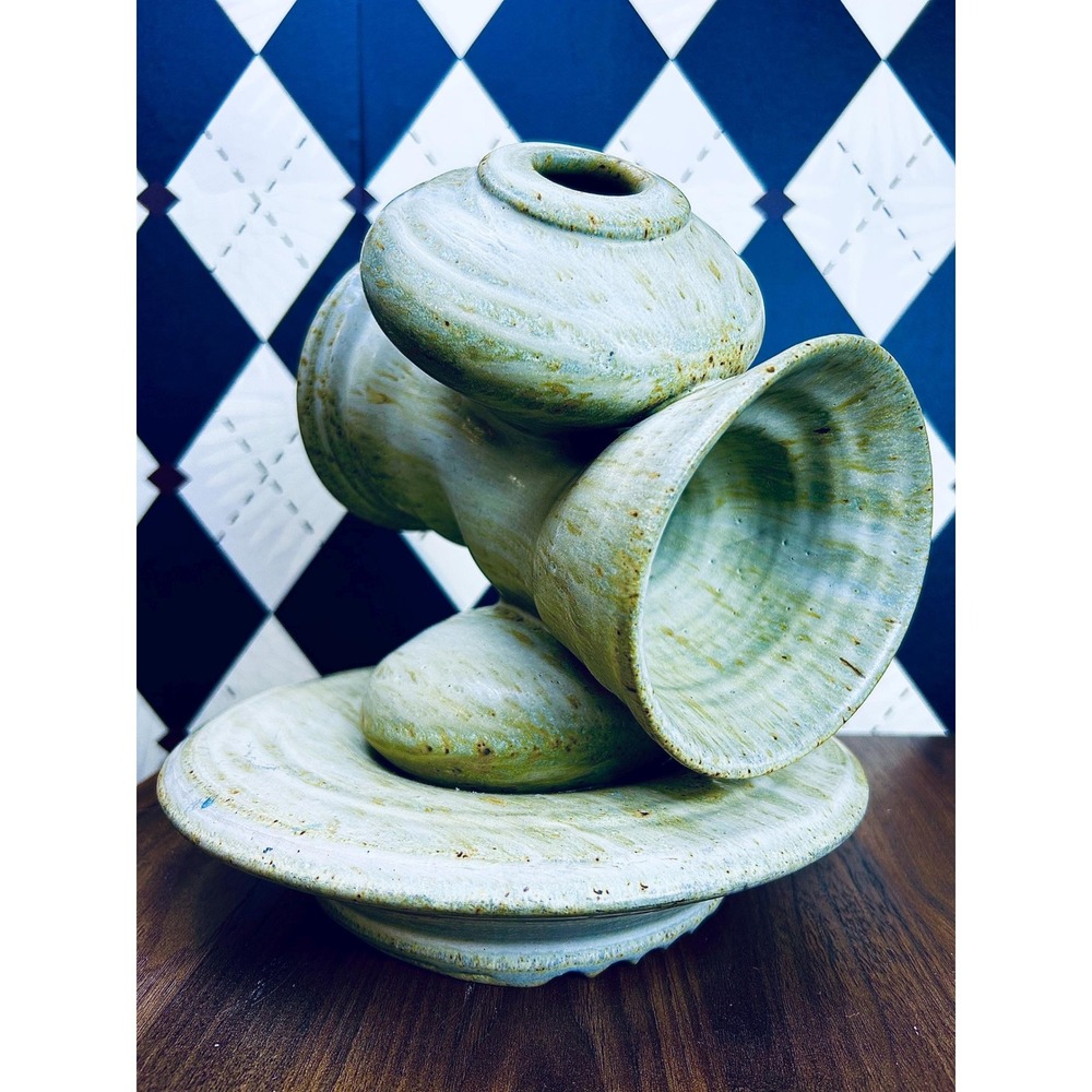 Large Signed Studio Wabi Sabi Pottery Vase Sculpture by D Wiener Celadon Ceramic
